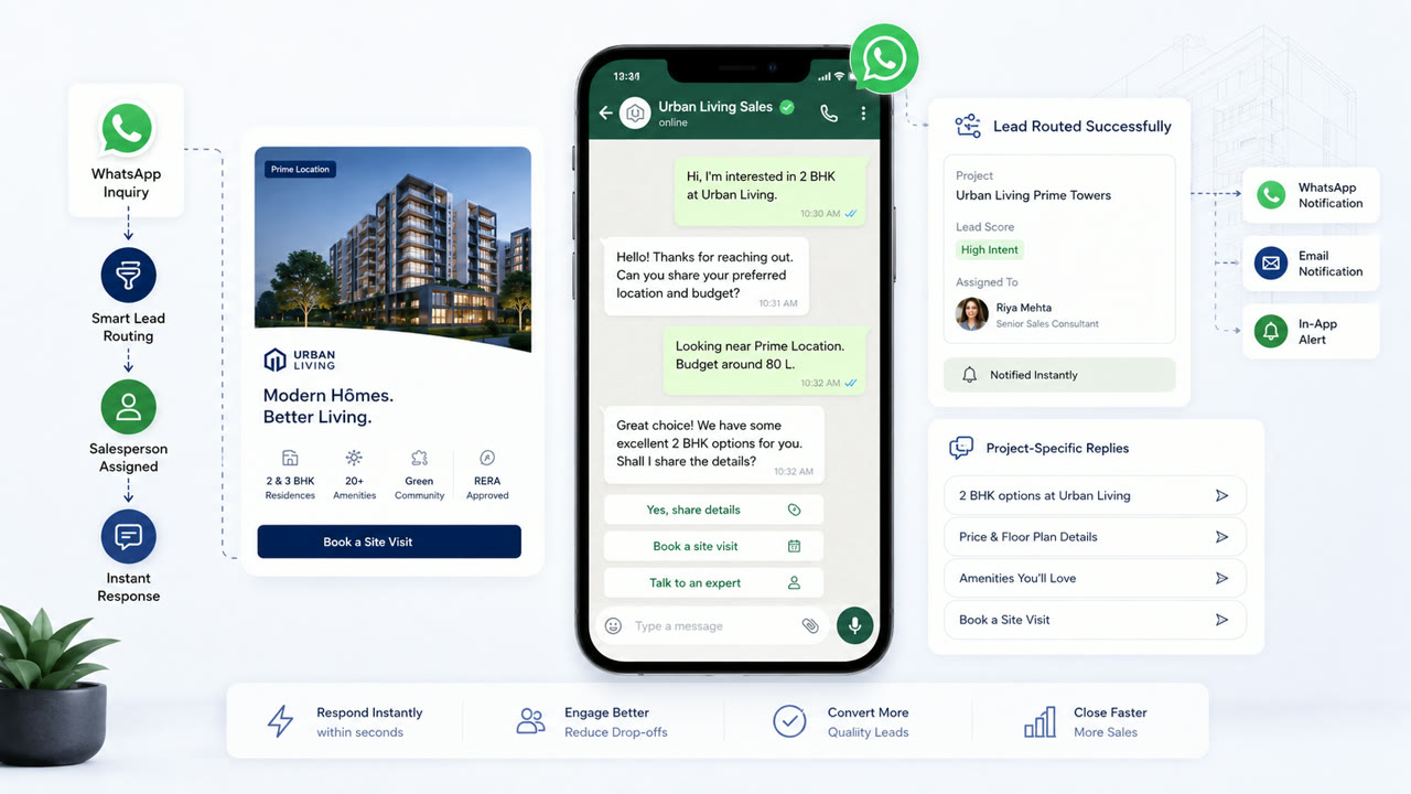 WhatsApp-based property enquiry flow with smart lead routing and project-specific replies.