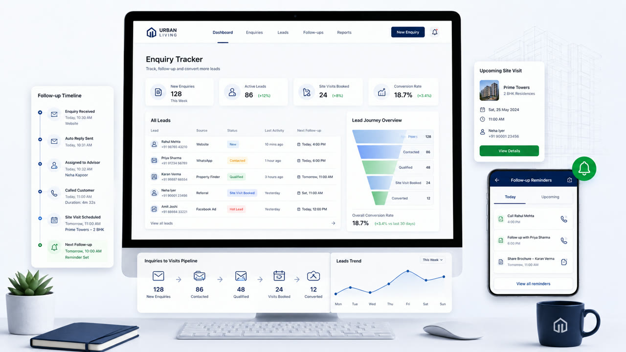 Real estate enquiry tracking dashboard with lead funnel, follow-up timeline, and site visit reminders.