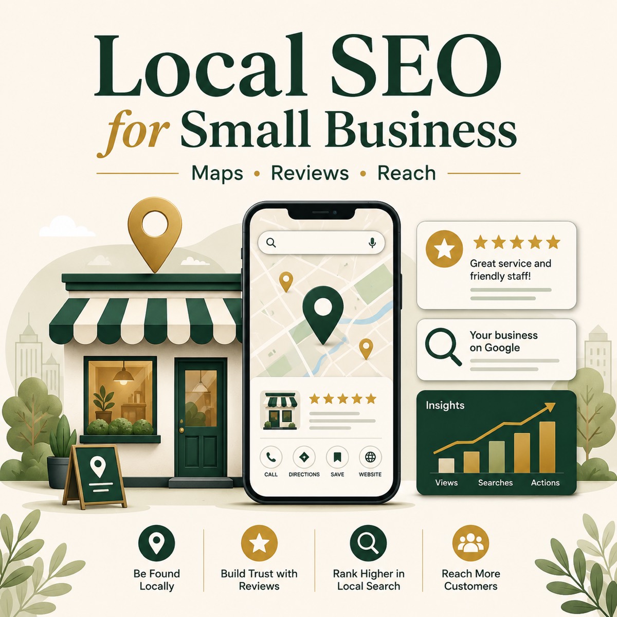 Local SEO for small business with Google Maps visibility, reviews, profile optimization, and search reach.