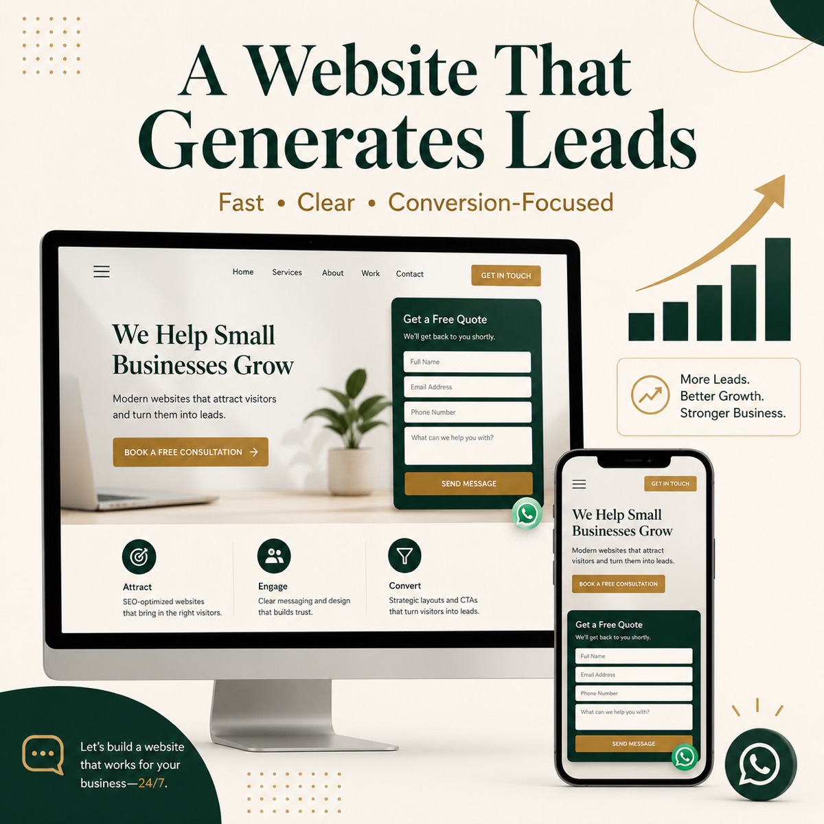 Lead-generation website for a small business with clear messaging, contact form, mobile experience, and conversion-focused layout.